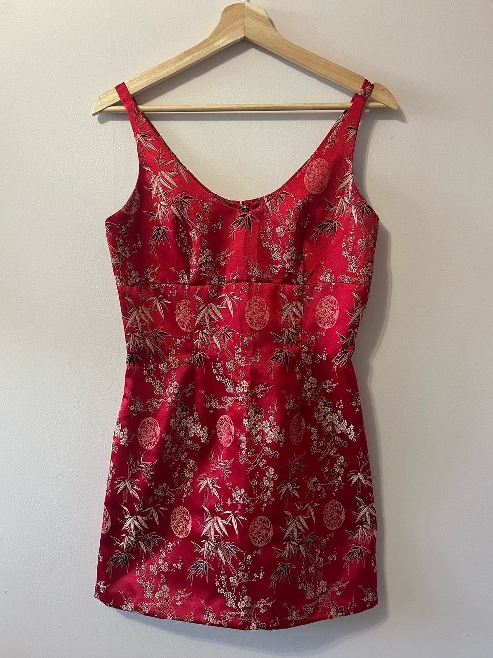 Vintage 90s Red Satin Mini Floral Dress - Asian Inspired Print